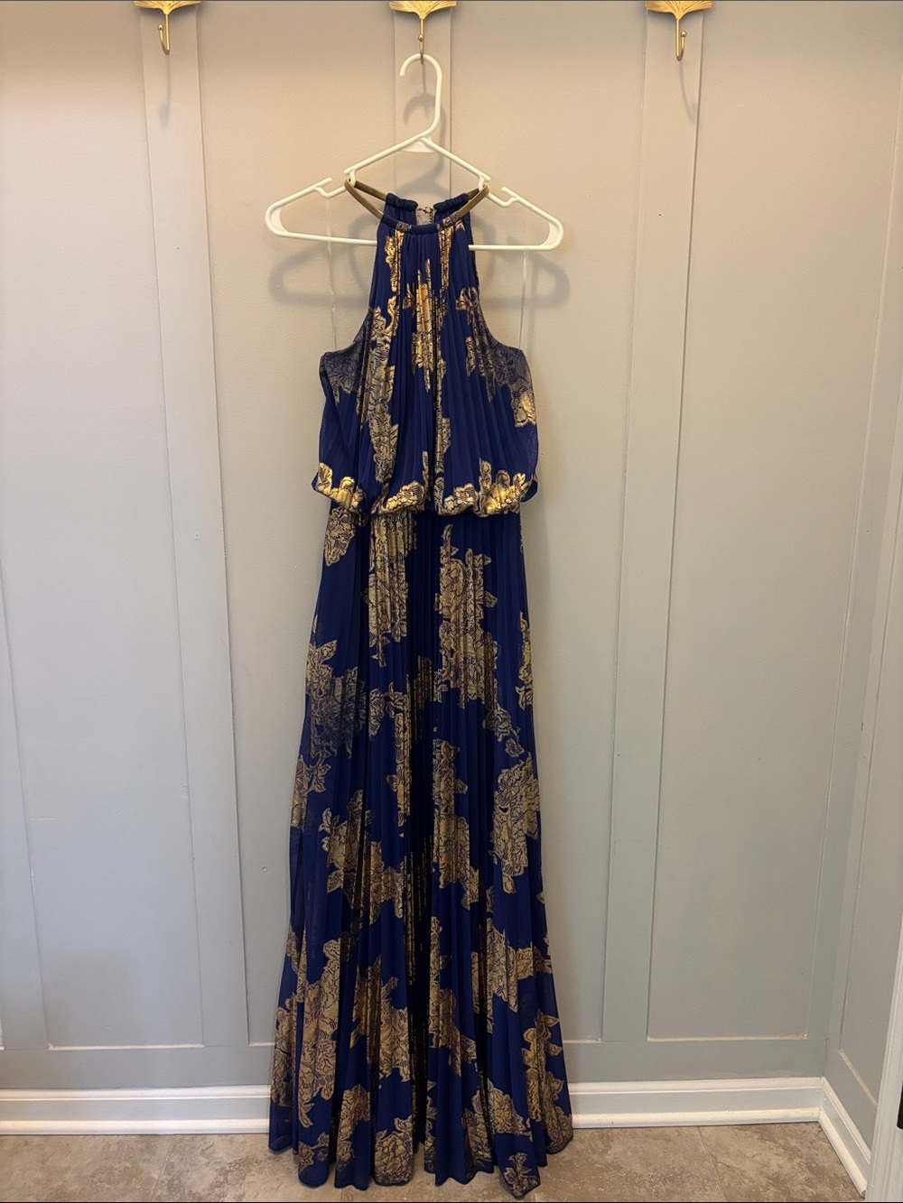 MSK Navy Maxi Dress with Gold Floral Print